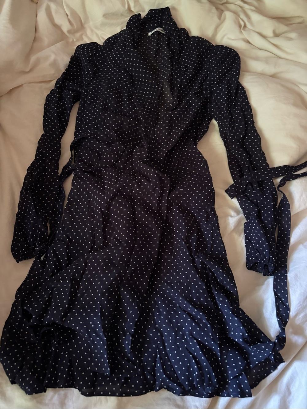 Reformation Navy and White Polka Dot Wrap Mini Dress